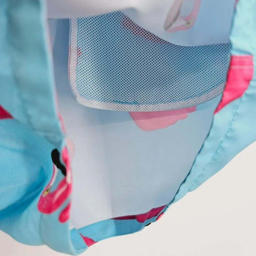 Asos Swim Shorts 2XL Blue Pink Flamingo Print Unlined Pockets Elastic Waist Tie